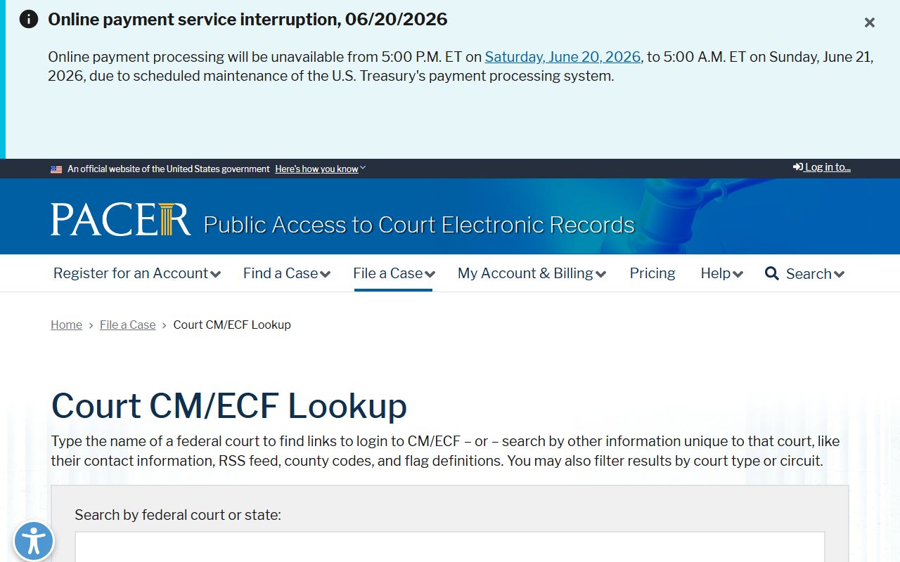 Lee County Clerk of Superior Court records PACER lookup page