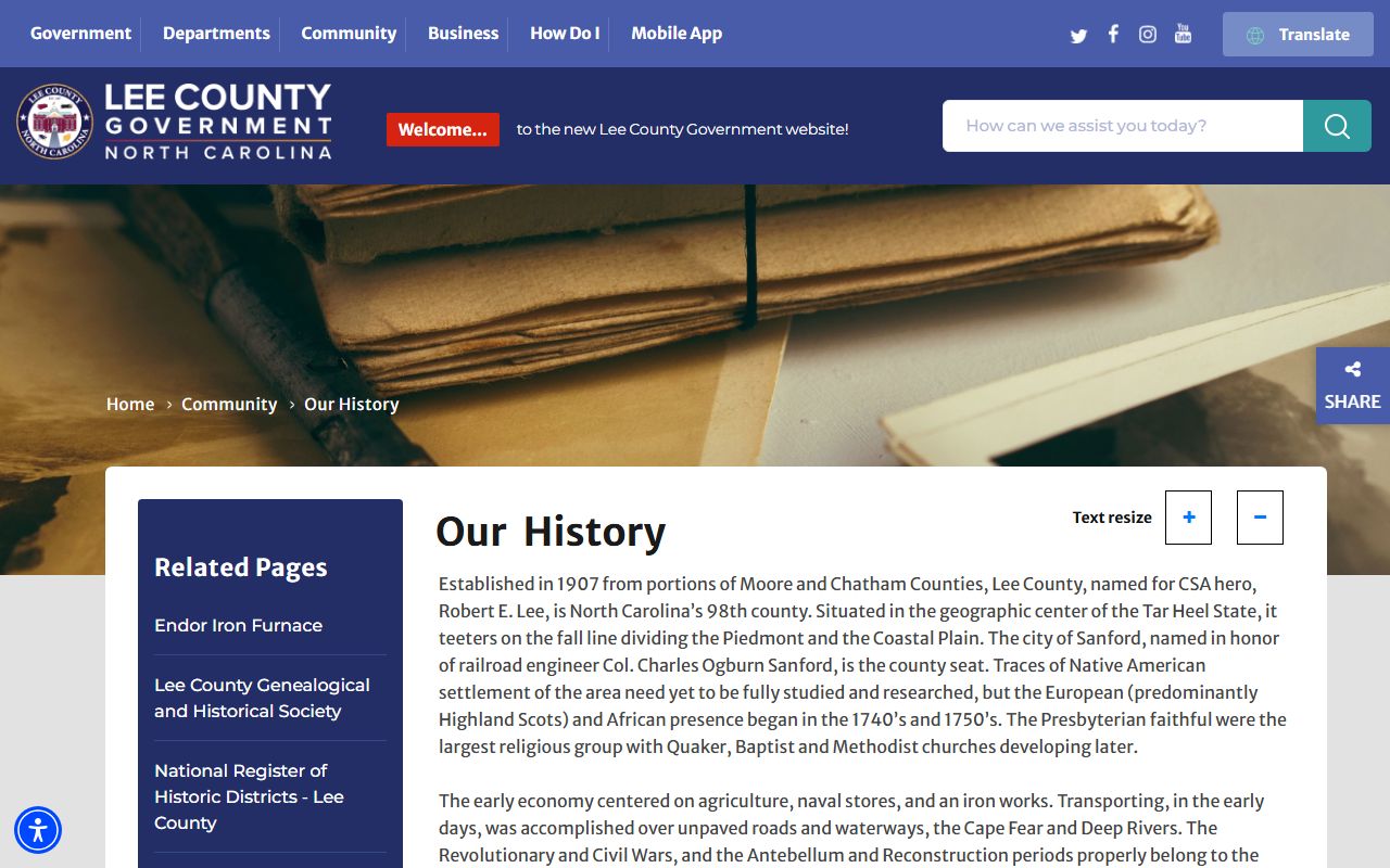 Lee County court records county history page