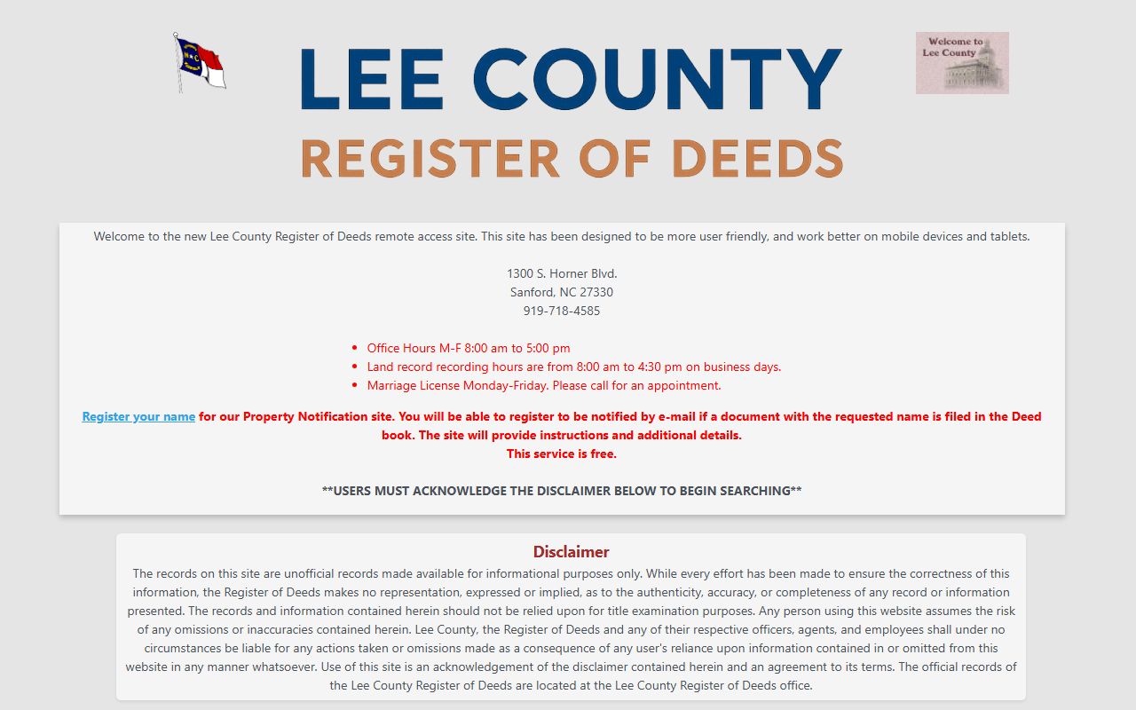 Lee County marriage records Register of Deeds online records portal