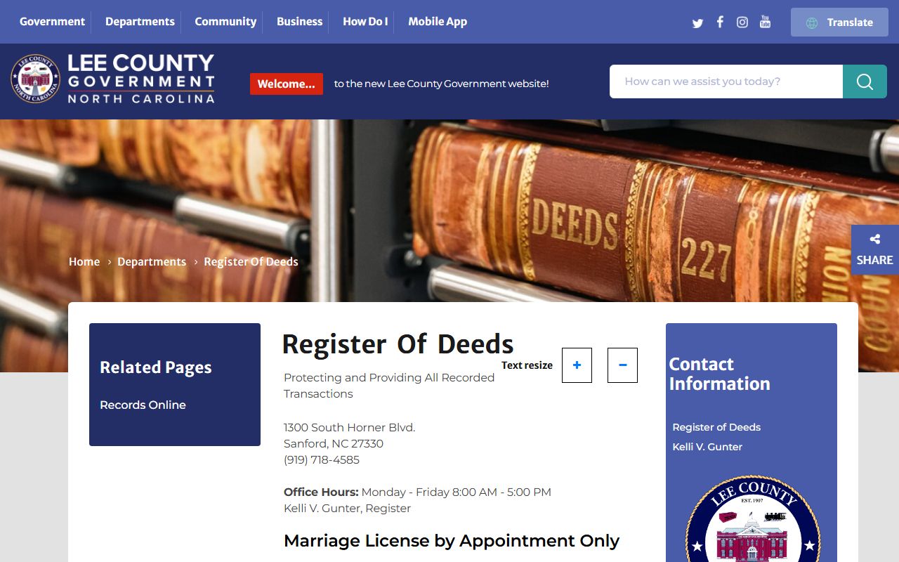 Lee County marriage records Register of Deeds page